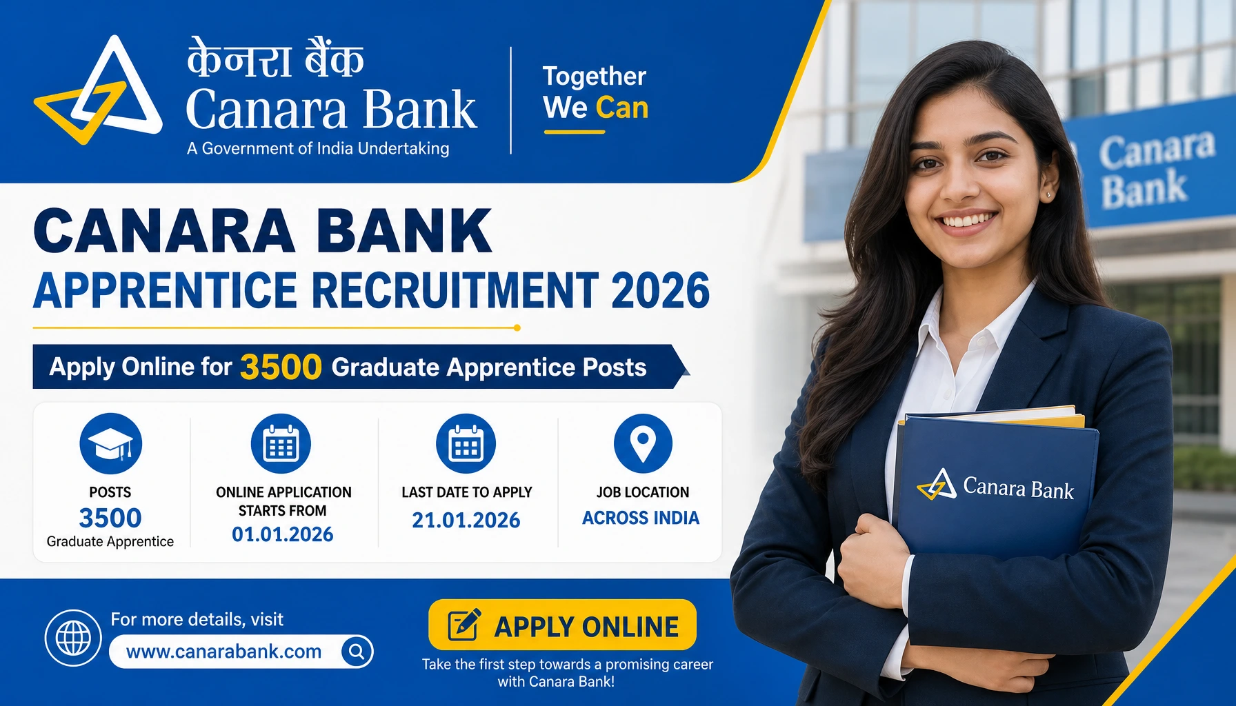 Canara Bank Apprentice Recruitment 2026: Apply Online for 3500 Graduate Apprentice Posts
