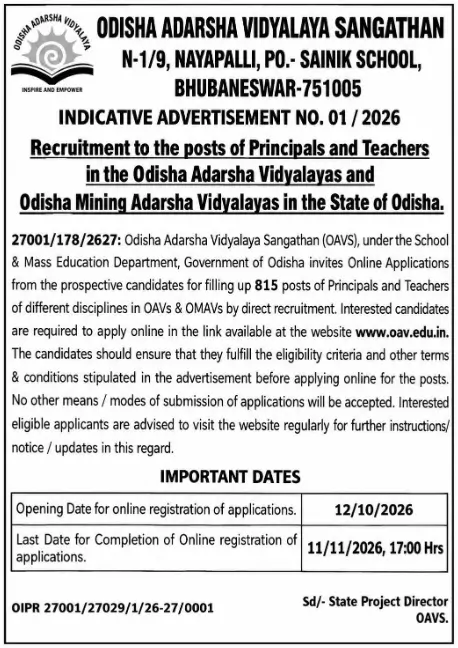 OAVS Teacher Recruitment 2026: Apply Online for 815 Principal & Teacher Vacancies